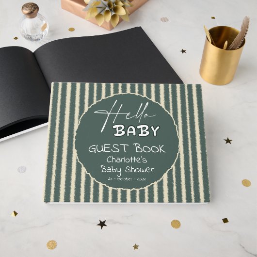 Hello Baby Dark Green Stripes Baby Shower Gastenboek (Voorkant open)