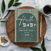 Hello Baby Dark Green Stripes Baby Shower Kaart
