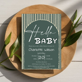 Hello Baby Dark Green Stripes Baby Shower Kaart