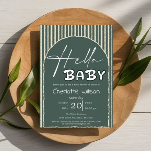Hello Baby Dark Green Stripes Baby Shower Kaart