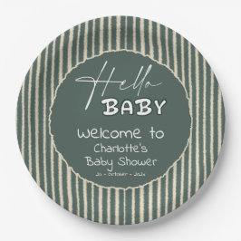Hello Baby Dark Green Stripes Baby Shower Papieren Bordje
