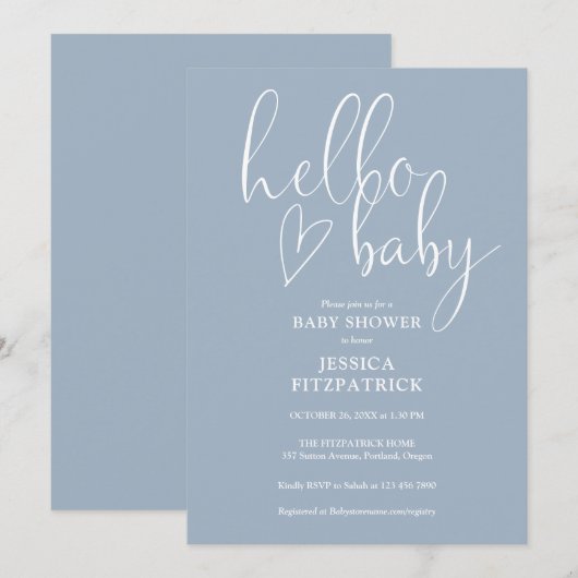 Hello Baby Elegant Script Dusty Blue Baby Shower Kaart (Voorkant / Achterkant)