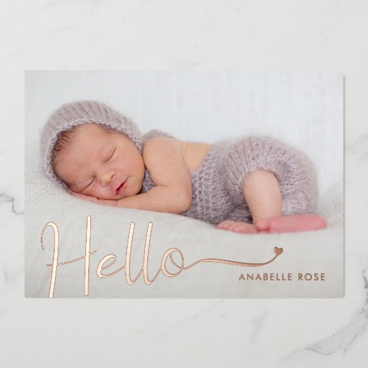 Hello Baby Photo Rose Gold Folie Uitnodiging (Voorkant)