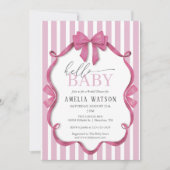 Hello Baby Pink Striped Bow Baby Shower Kaart (Voorkant)