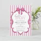 Hello Baby Pink Striped Bow Baby Shower Kaart (Staand voorkant)