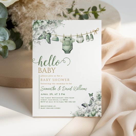 Hello Baby Sage Green Botanical Baby Shower Kaart