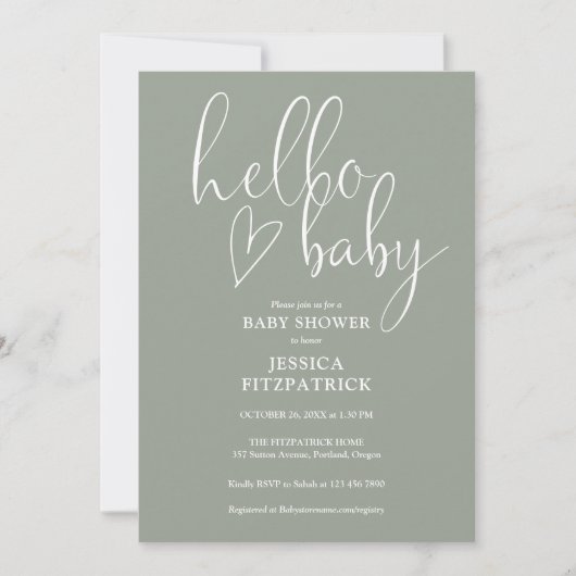 Hello Baby Sage Green Gender Neutral Baby Shower Kaart (Voorkant)