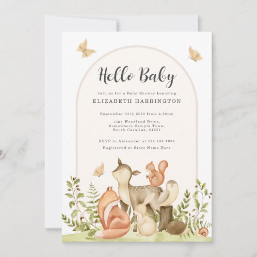 Hello Baby Woodland Animals Baby Shower Invitation Kaart (Voorkant)