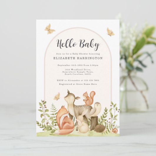 Hello Baby Woodland Animals Baby Shower Invitation Kaart (Staand voorkant)