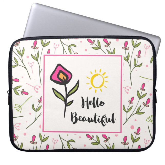 Hello Beautiful Pretty Pink Orange Wildlflower Laptop Sleeve (Voorkant)