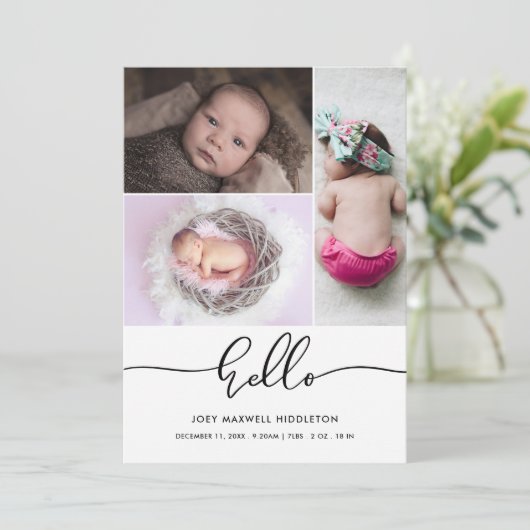 Hello Cute Casual Script Birth Announcement Aankondiging (Staand voorkant)