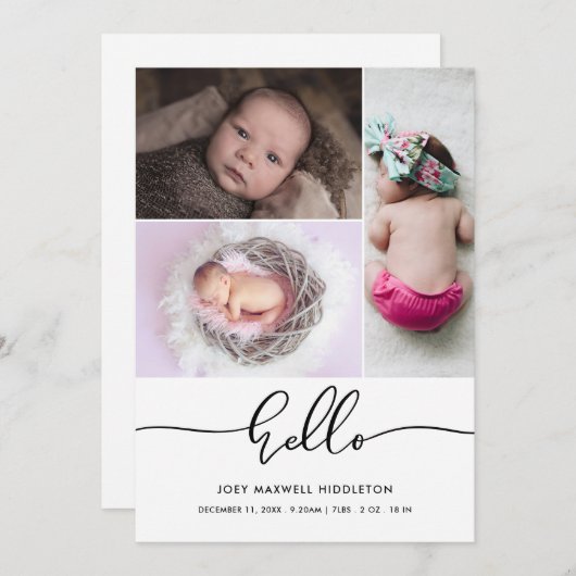 Hello Cute Casual Script Birth Announcement Aankondiging (Voorkant / Achterkant)