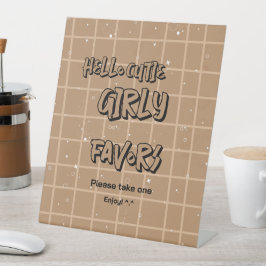 Hello Cutie Girly Brown Gingham Baby Shower Favors Reclamebord Met Voetstuk