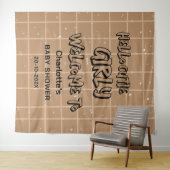 Hello Cutie Girly Cute Brown Gingham Baby Backdrop Wandkleed (In Situ (horizontaal))