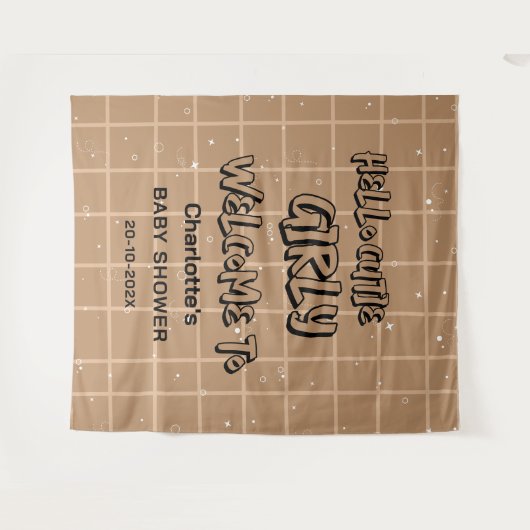 Hello Cutie Girly Cute Brown Gingham Baby Backdrop Wandkleed (Voorkant (horizontaal))