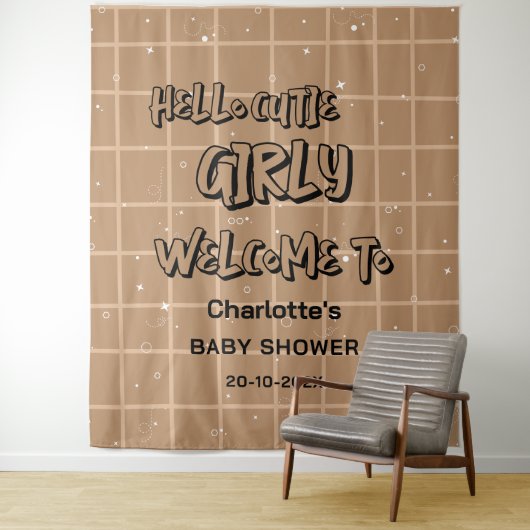 Hello Cutie Girly Cute Brown Gingham Baby Backdrop Wandkleed (In situ)