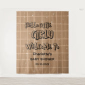 Hello Cutie Girly Cute Brown Gingham Baby Backdrop Wandkleed (Voorkant)
