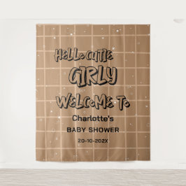 Hello Cutie Girly Cute Brown Gingham Baby Backdrop Wandkleed