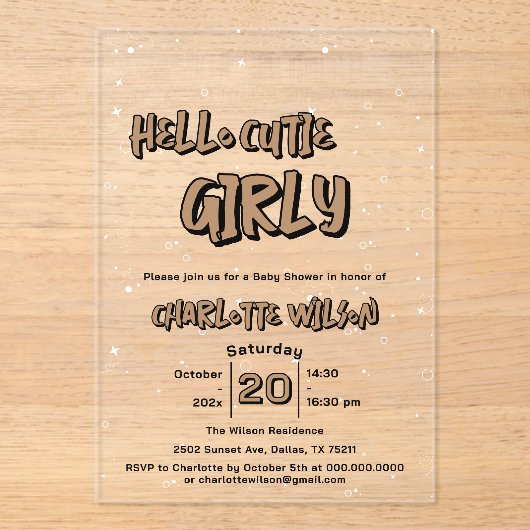 Hello Cutie Girly Cute Brown Gingham Baby Shower Acryl Uitnodigingen (Voorkant)
