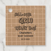 Hello Cutie Girly Cute Brown Gingham Baby Shower Bedankjes Labels (Voorkant)