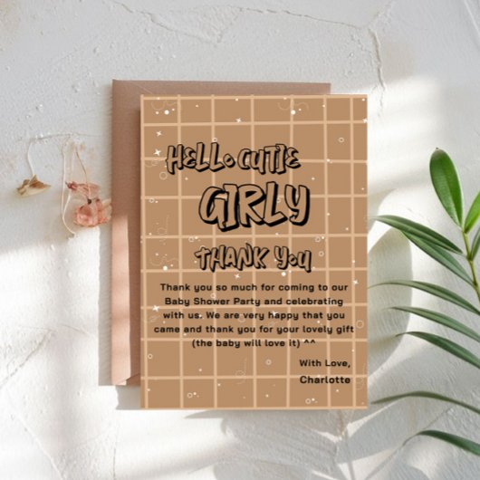 Hello Cutie Girly Cute Brown Gingham Baby Shower Bedankkaart