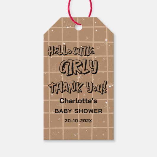 Hello Cutie Girly Cute Brown Gingham Baby Shower Cadeaulabel (Voorkant)