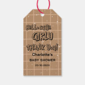 Hello Cutie Girly Cute Brown Gingham Baby Shower Cadeaulabel (Achterkant)