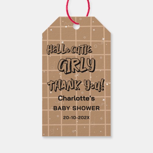 Hello Cutie Girly Cute Brown Gingham Baby Shower Cadeaulabel (Achterkant)