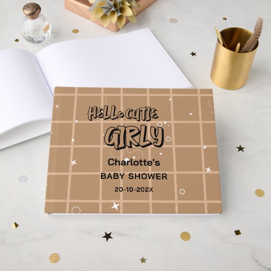 Hello Cutie Girly Cute Brown Gingham Baby Shower Gastenboek (Voorkant open)