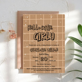 Hello Cutie Girly Cute Brown Gingham Baby Shower Kaart