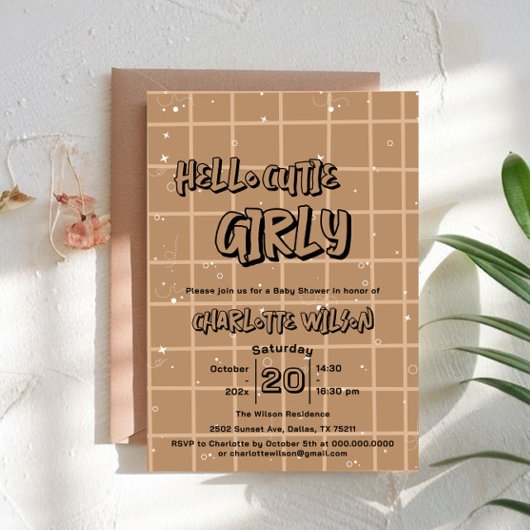 Hello Cutie Girly Cute Brown Gingham Baby Shower Kaart