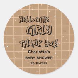 Hello Cutie Girly Cute Brown Gingham Baby Shower Ronde Sticker