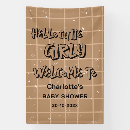 Hello Cutie Girly Cute Brown Gingham Baby Shower Spandoek (Verticaal)