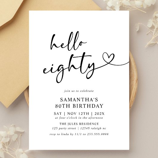 Hello Eighty Black and White 80th Birthday Party Kaart