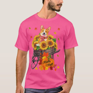 Hello Fall Corgi Dog In Sunflowers Leaves Autumn 3 T-shirt