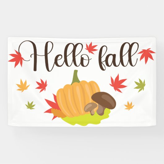 Hello Fall Pumpkin and Mushrooms Autumn  Spandoek (Horizontaal)