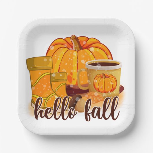 Hello Fall Pumpkin & Boots Paper Plate Papieren Bordje (Voorkant)