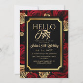 Hello Fifty Black Burgundy Rose Birthday Kaart (Voorkant)