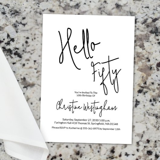 Hello Fifty Black White Script 50th Birthday Kaart