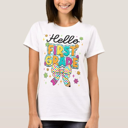 Hello First Grade Teacher Coquette Pencil Bow T-shirt (Voorkant)