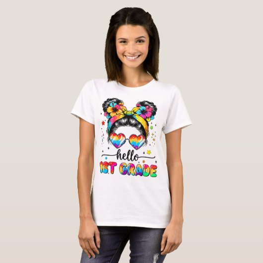 Hello First Grade Teacher Coquette Pencil Bow T-shirt (Voorkant volledig)