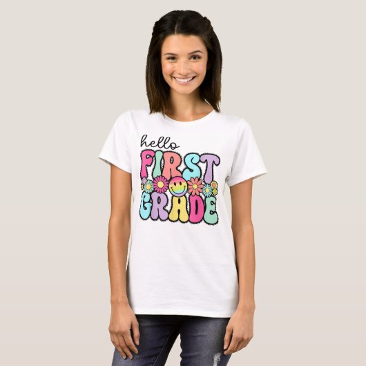 Hello First Grade Teacher Coquette Pencil Bow T-shirt (Voorkant volledig)
