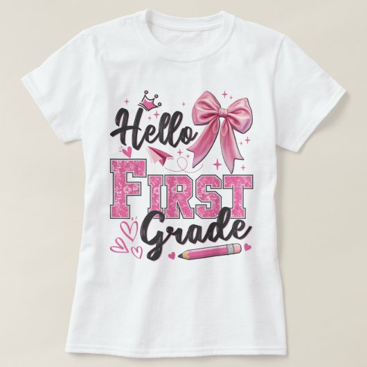 Hello First Grade Teacher Coquette Pencil Bow T-shirt (Design voorkant)
