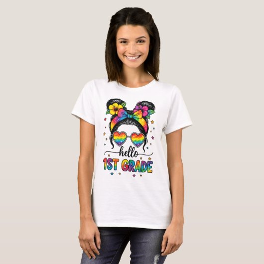Hello First Grade Teacher Coquette Pencil Bow T-shirt (Voorkant volledig)