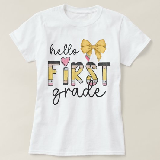 Hello First Grade Teacher Coquette Pencil Bow T-shirt (Design voorkant)