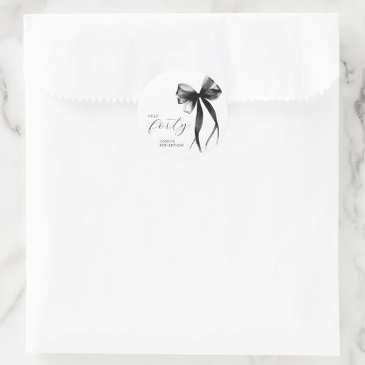 Hello Forty Elegant Script Bow 40th Birthday Party Ronde Sticker (Tas)