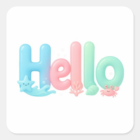 Hello Glossy Pastel Ocean Text Vierkante Sticker (Voorkant)