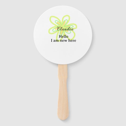 Hello I am new here name yellow green flower kids Handwaaier (Voorkant)