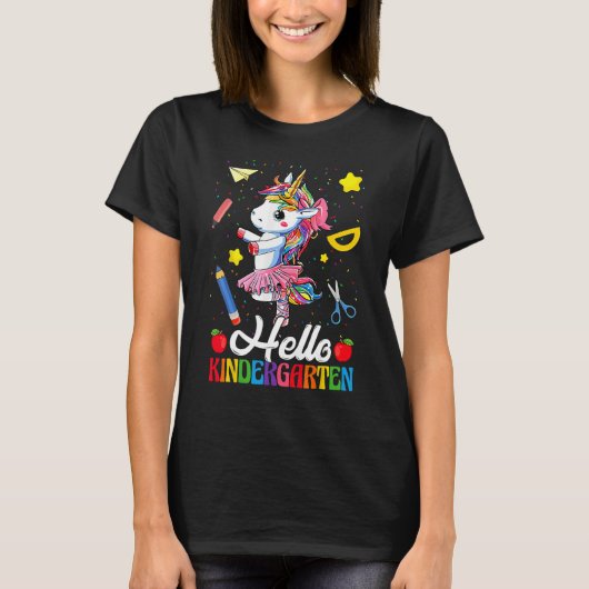 Hello Kindergarten Dancing Unicorn Student Back To T-shirt (Voorkant)