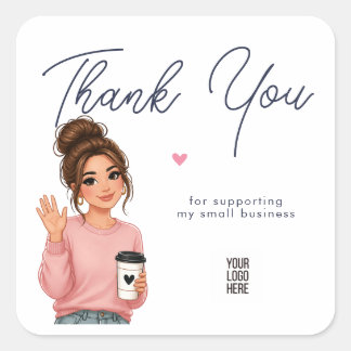 Hello Lady Round Thank You Sticker | Cute Woman 